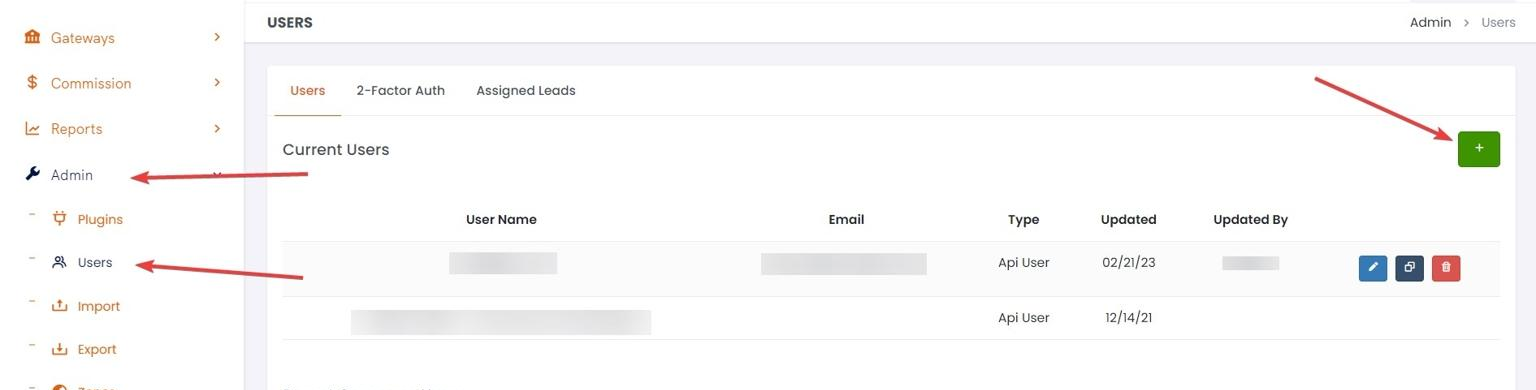 CheckoutChamp Admin, then Users screen, with the Add User button