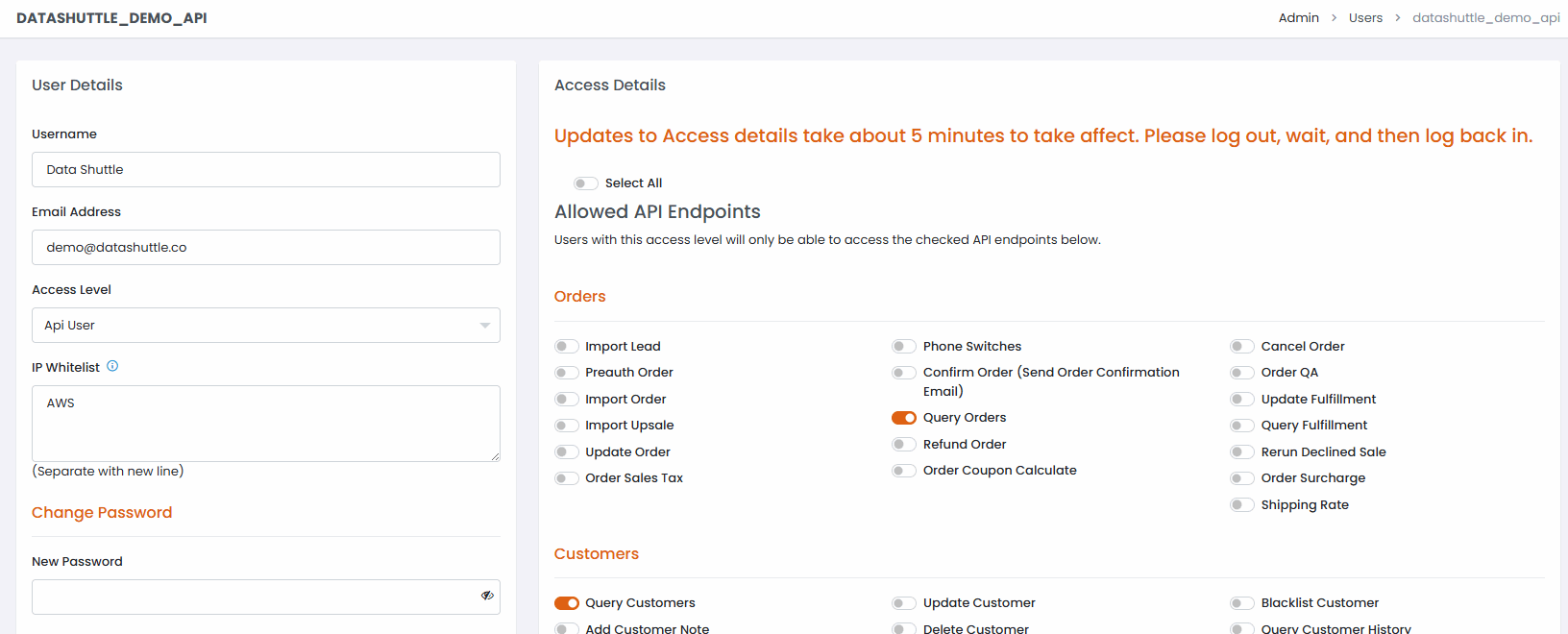 CheckoutChamp Add User form with Access Level, IP Whitelist, and the endpoint switches