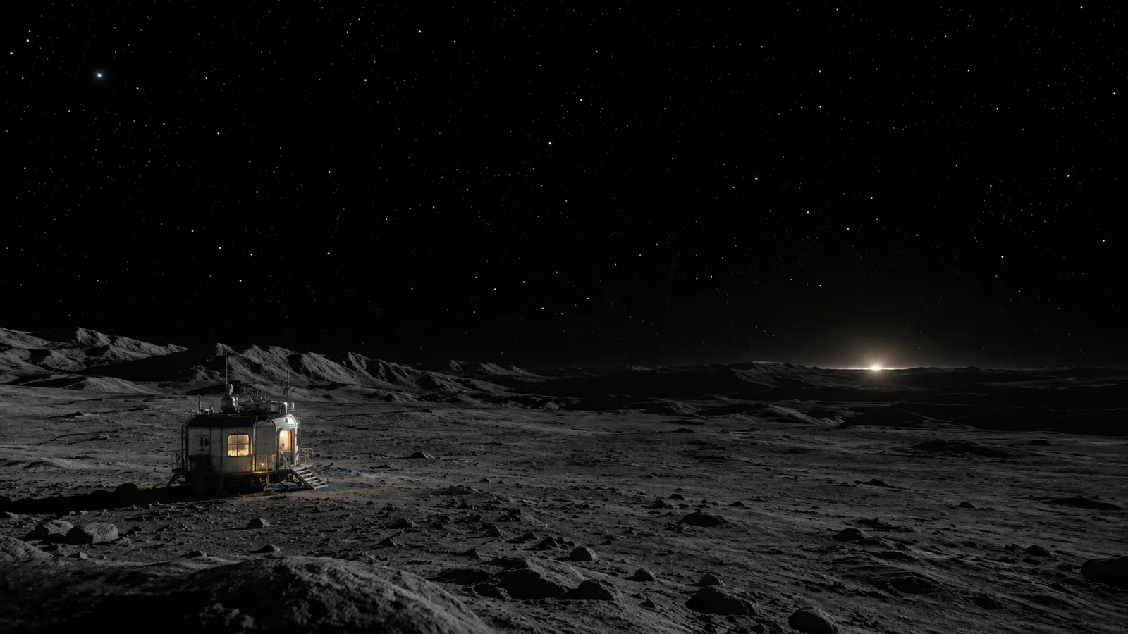 A lone lit outpost on a moonscape at sunrise