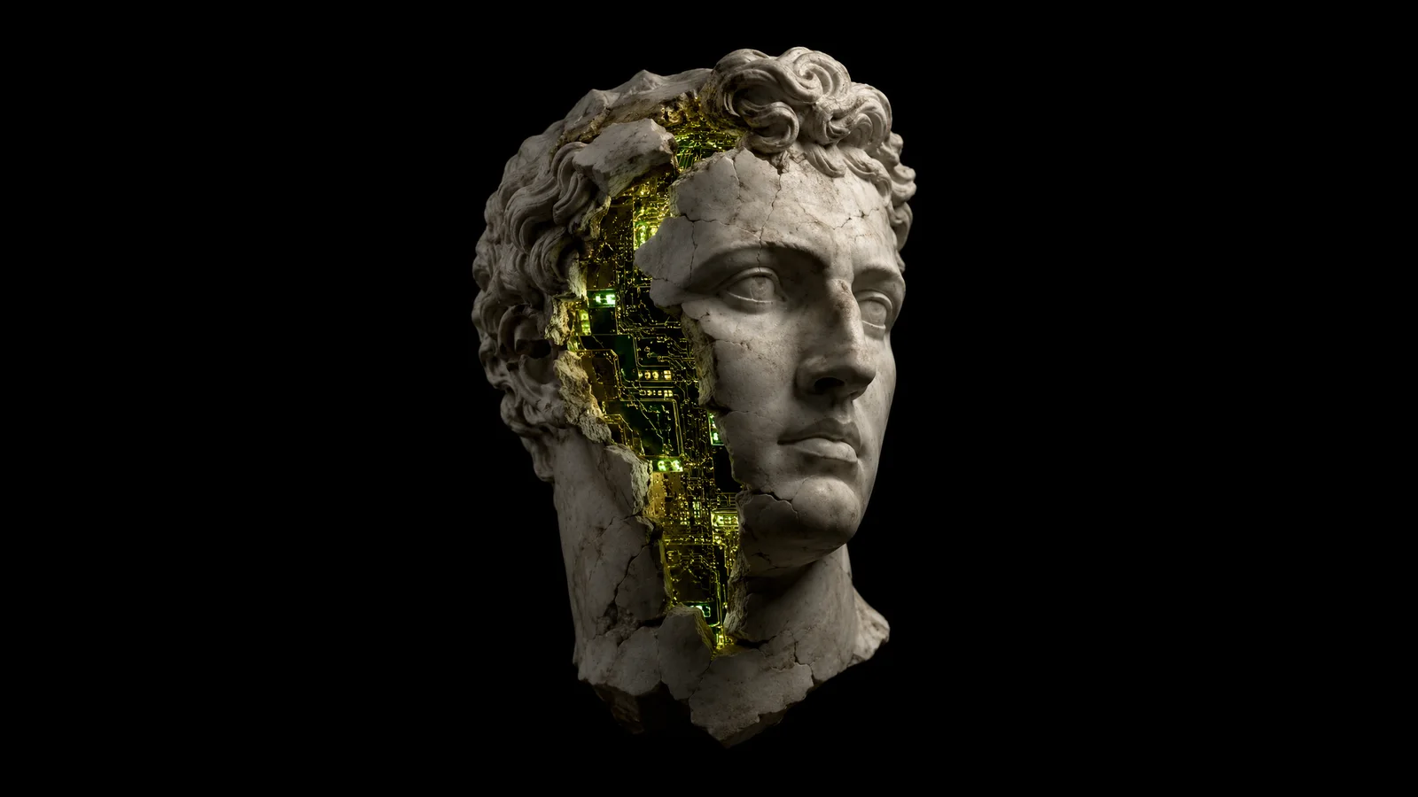 A cracked marble bust revealing glowing circuitry